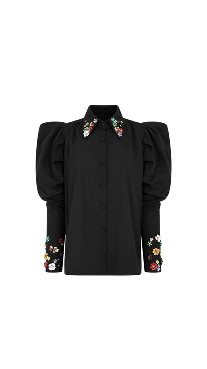 SHIRT BARCELONA | BLACK WITH FLOWERS EMBROIDERY - AVAILABLE ONLY BY PREORDER