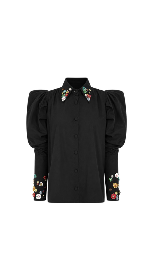 SHIRT BARCELONA | BLACK WITH FLOWERS EMBROIDERY - AVAILABLE ONLY BY PREORDER